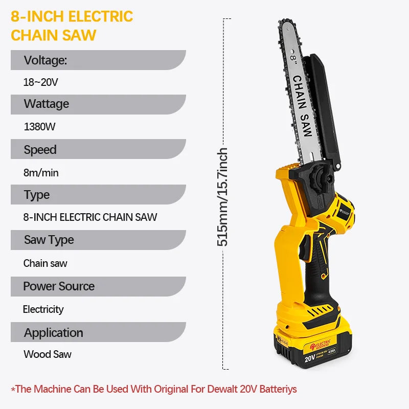 Electric Goddess Brushless 6/8in Electric Chainsaw 1380W Cordless Woodwork Cutting Garden Pruning Saw For Dewalt 20V Battery Pin