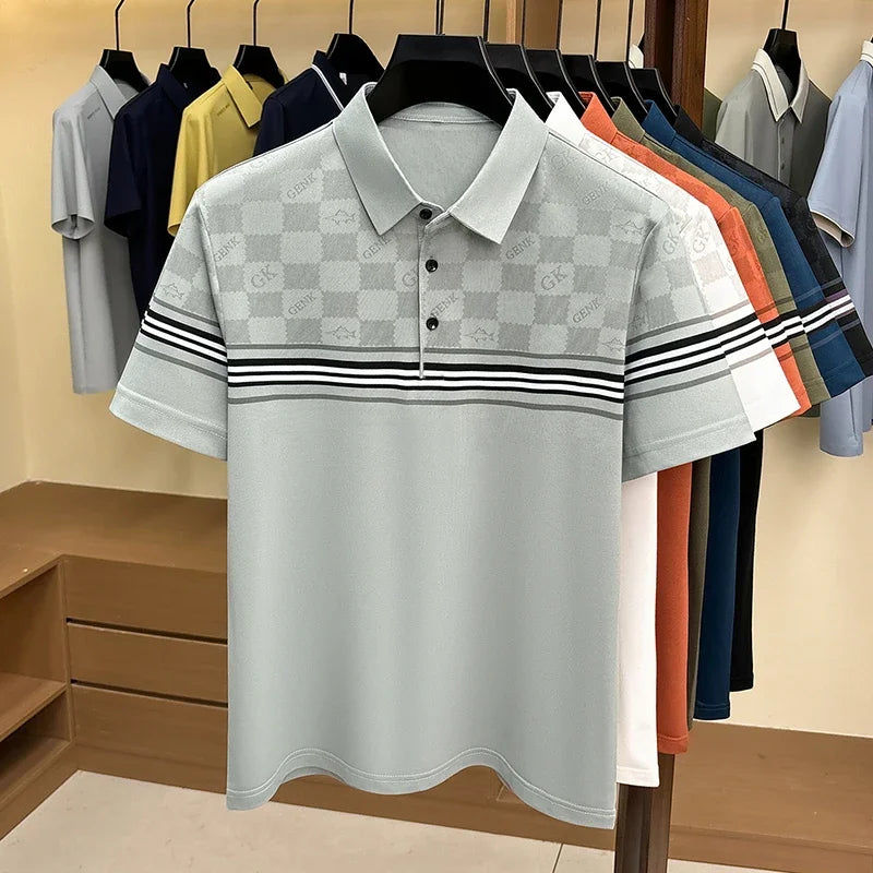 Men's Lattice-Print Lapel Polo - Soft Stretch, Sweat-Proof Summer