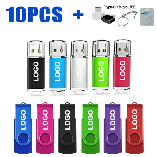 USB 2.0 Flash Drive 10-Pack — Bulk Color Memory Sticks 1GB to 128GB