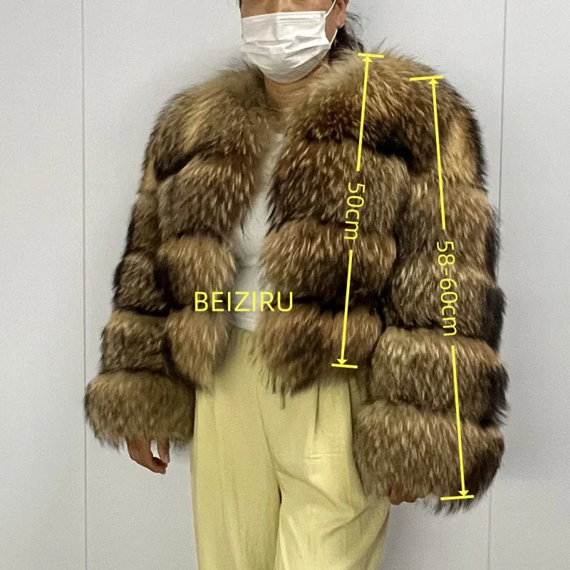Women's Hooded Raccoon Fur Coat, Turn-Down Collar