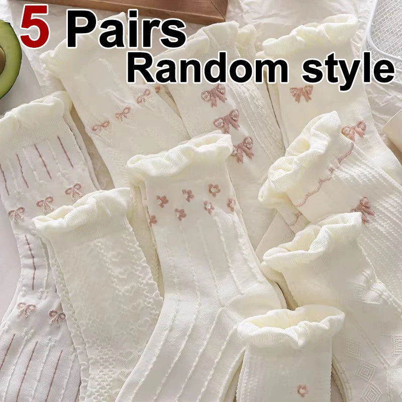 Women's Mid-Tube Socks 5/10 Pairs - Cute Bow & Floral