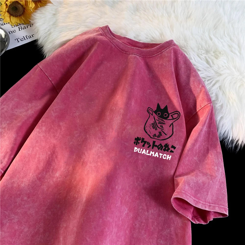 Women Cartoon T-Shirts Vintage Summer Harajuku Kawaii Cat Printed Short Sleeve Tees Couple Streetwear Loose Clothes Cotton Tops