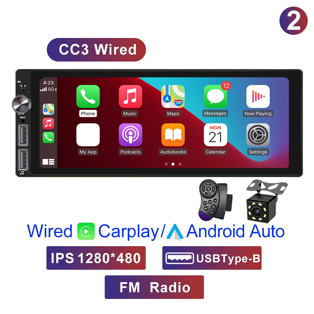 6.9" 1 DIN Universal Car Stereo with Apple CarPlay & Android Auto (MP5)