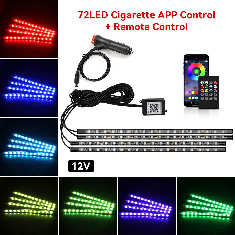 RGB LED Car Interior Ambient Light Strip – 36/48/72 LED Remote & App Music Control | USB or Cigarette Lighter | Atmosphere Foot Light