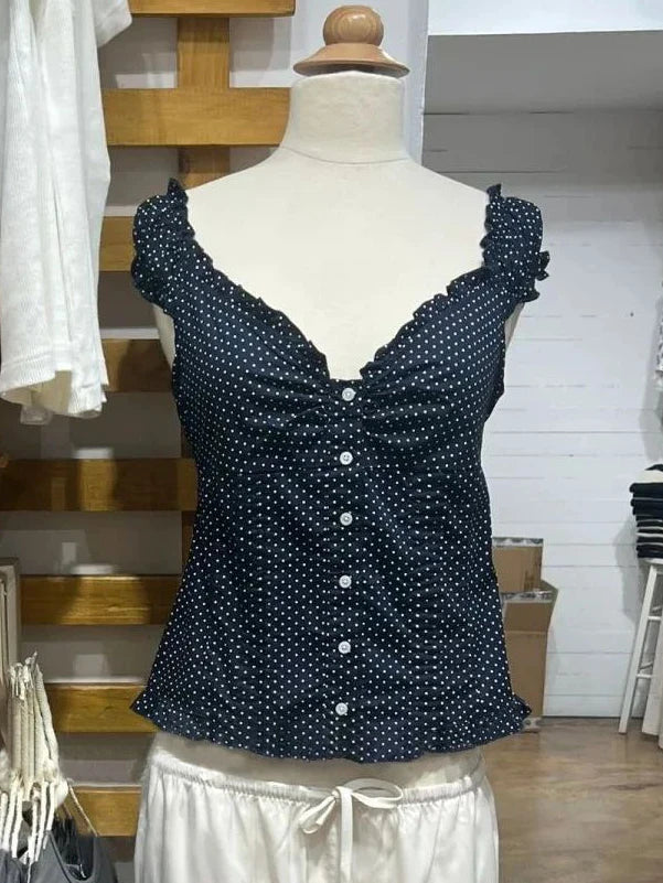 Ruffles White Basic Blouse Top for Woman Summer Folds Single Breasted Sleeveless Tank Tops Casual Cotton Vest Y2k Sweet Camisole