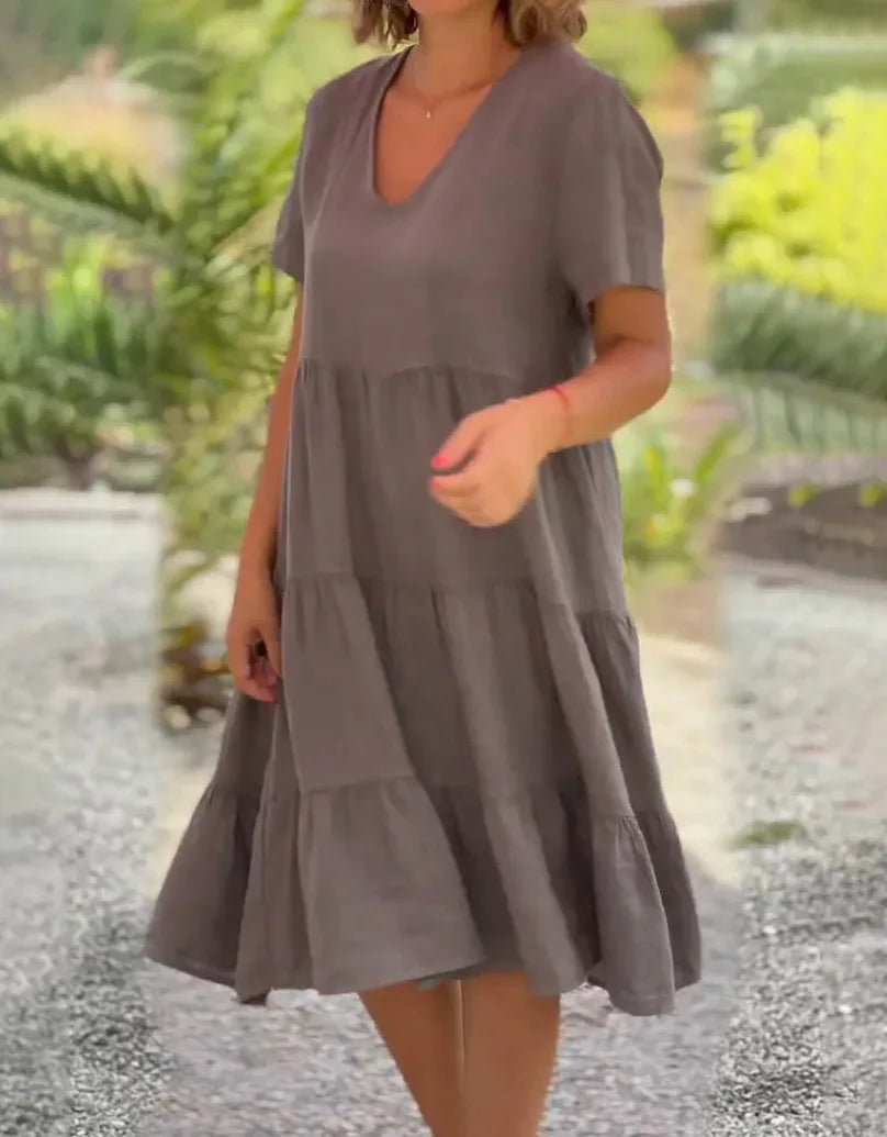 Cotton Linen Casual Women's Dresses 2026 Spring/Summer Sweet  Short Sleeve Solid V-neck Large Swing Loose Dress  S-5XL