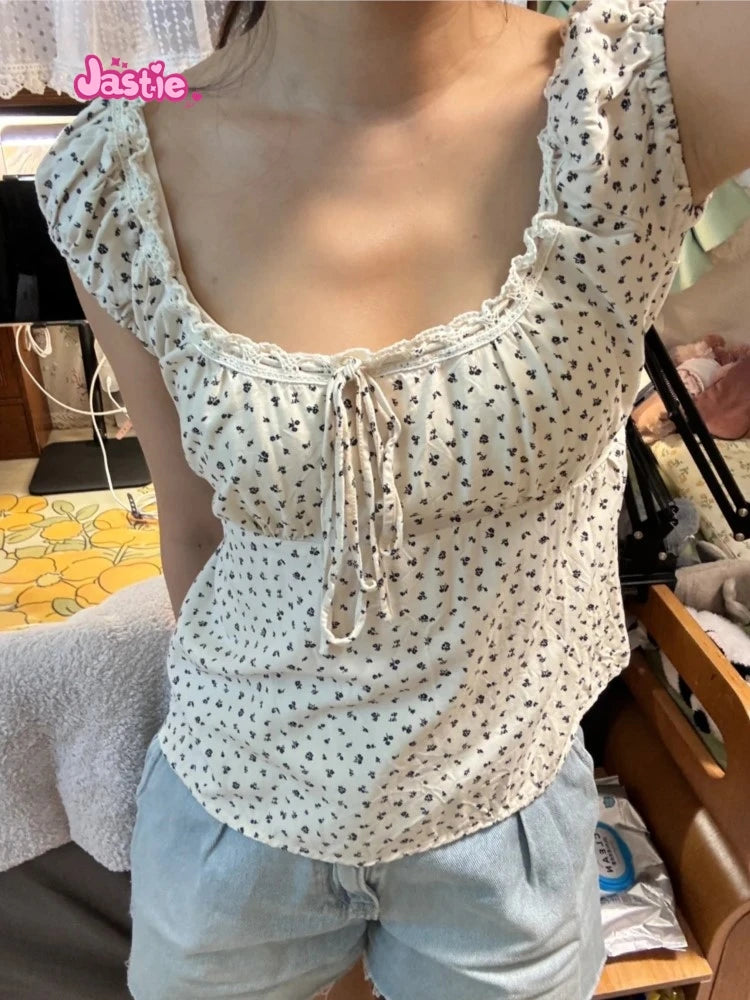 White Lace Tied Square Neck Summer T-shirts Chic Elegant Short Sleeve Tee Cotton Y2K Street Casual Bow Tie-up Top Women