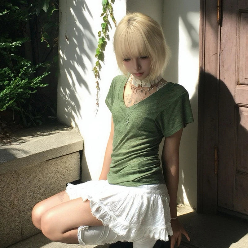 Karrram Japanese Y2k Green Knitted T-shirt Trashy 2000s Style V-neck Top Vintage Harajuku Short Sleeve Tee Shirt American Retro