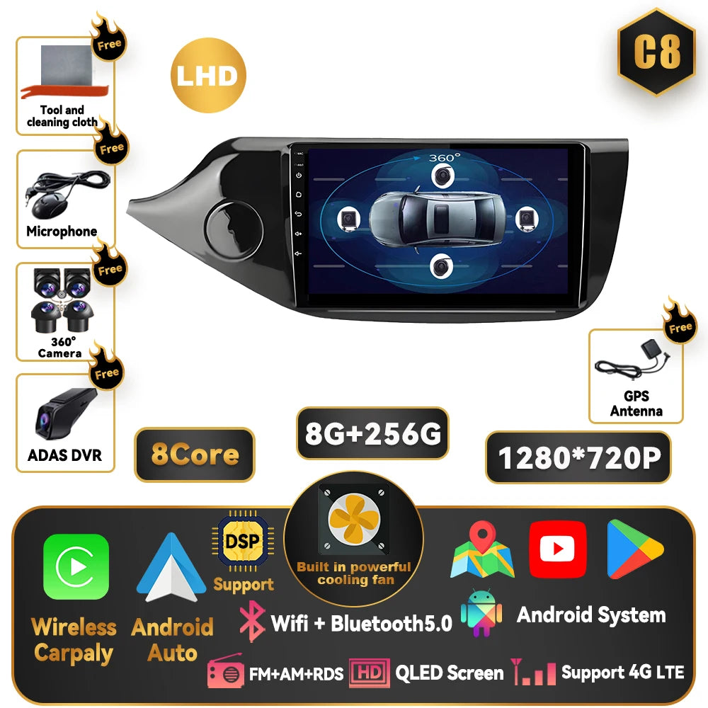 Android 15 Carplay For Kia CEED 2 JD 2012 - 2018 Car Radio Stereo Multimidia Player GPS Bluetooth DSP 2din Stereo QLED Screen