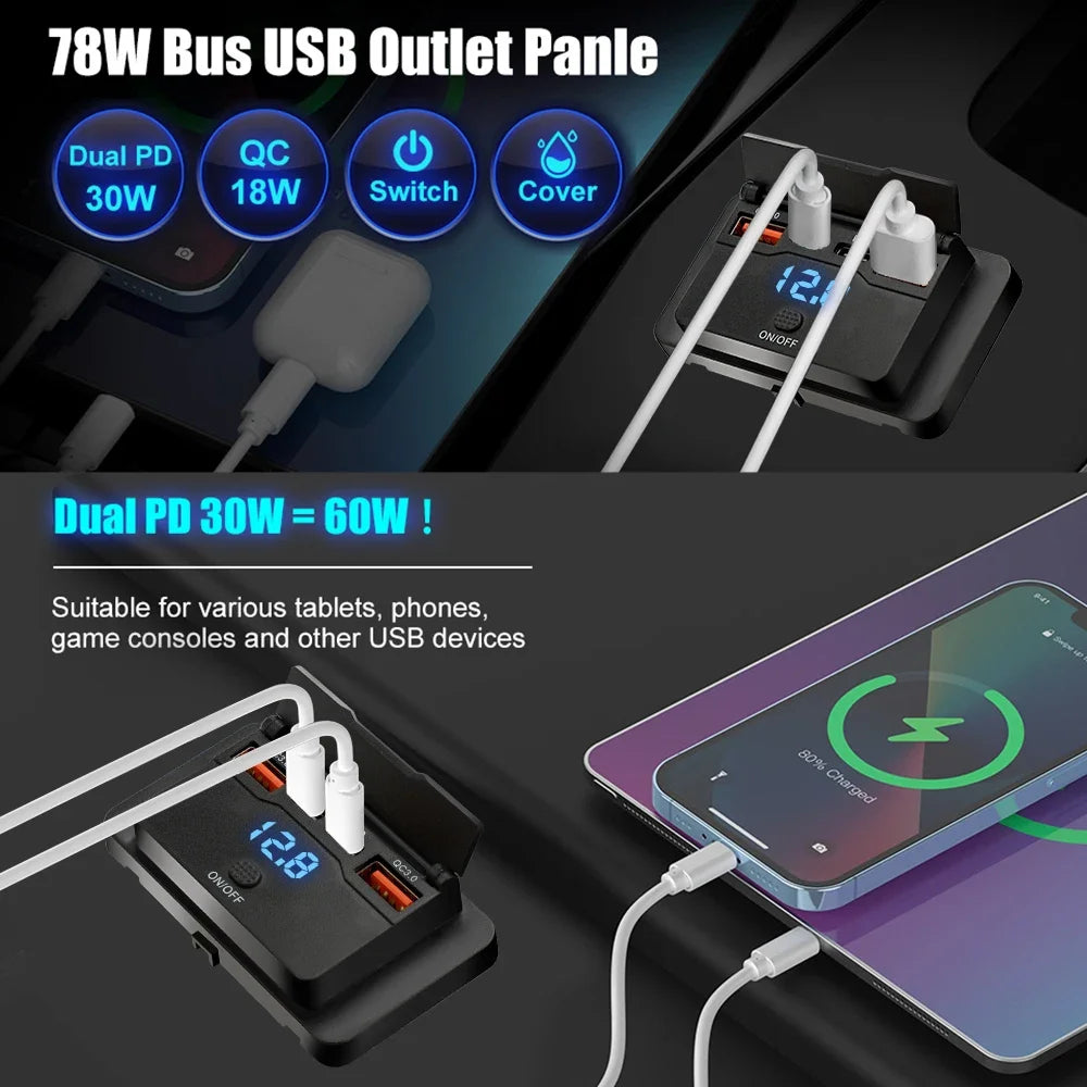 Car Charger Socket Adapter with Switch 2/4 Ports 12V 24V PD QC3.0 Charging Splitter Outlet for Bus RV ATV Truck Boat