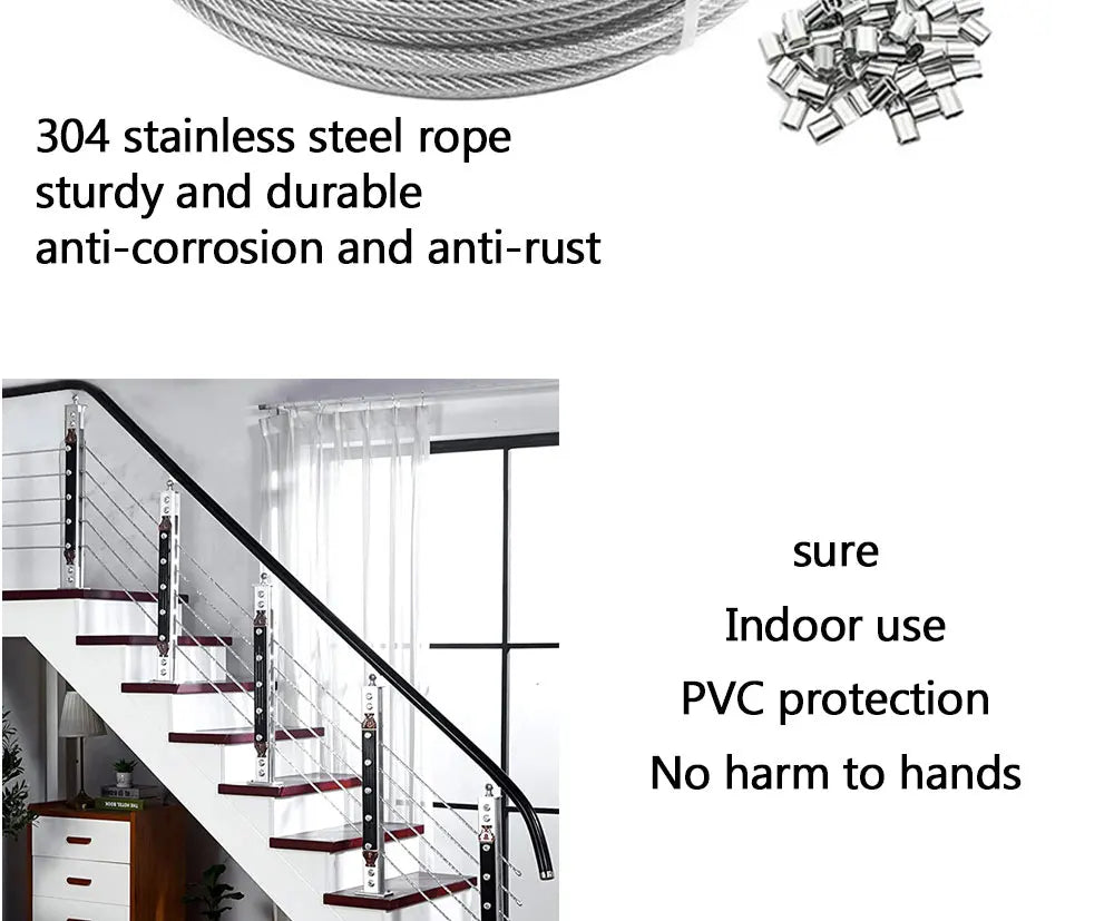 Steel Wire Rope Transparent Color PVC Plastic Coating 1.0-6mm 304 Stainless Cable Used For Clotheslines 5M/10M/20M/50M/100M