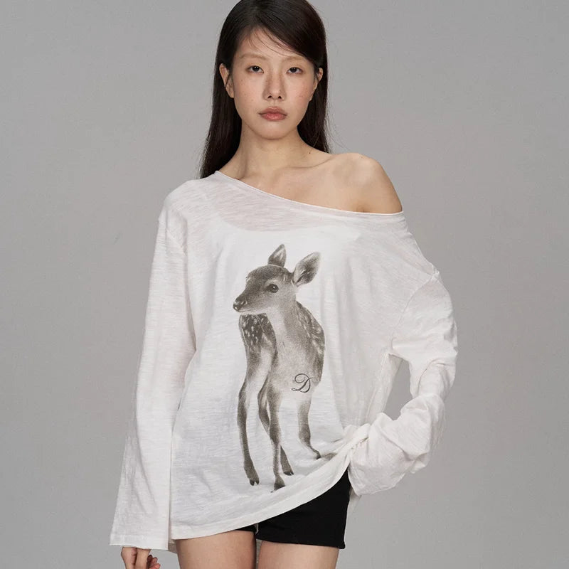 Kimotimo Summer Print Off Shoulder Long Sleeve T-shirt Women 2026 New Casual Transparent Loose Lazy Top Kpop Fashion Y2k Tees