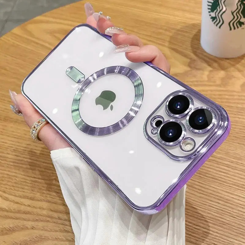 Magnetic Plating Phone Case Compatible with iPhone 11 to 16 Pro Max - Camera Lens Protector, MagSafe Wireless Charging Cover
