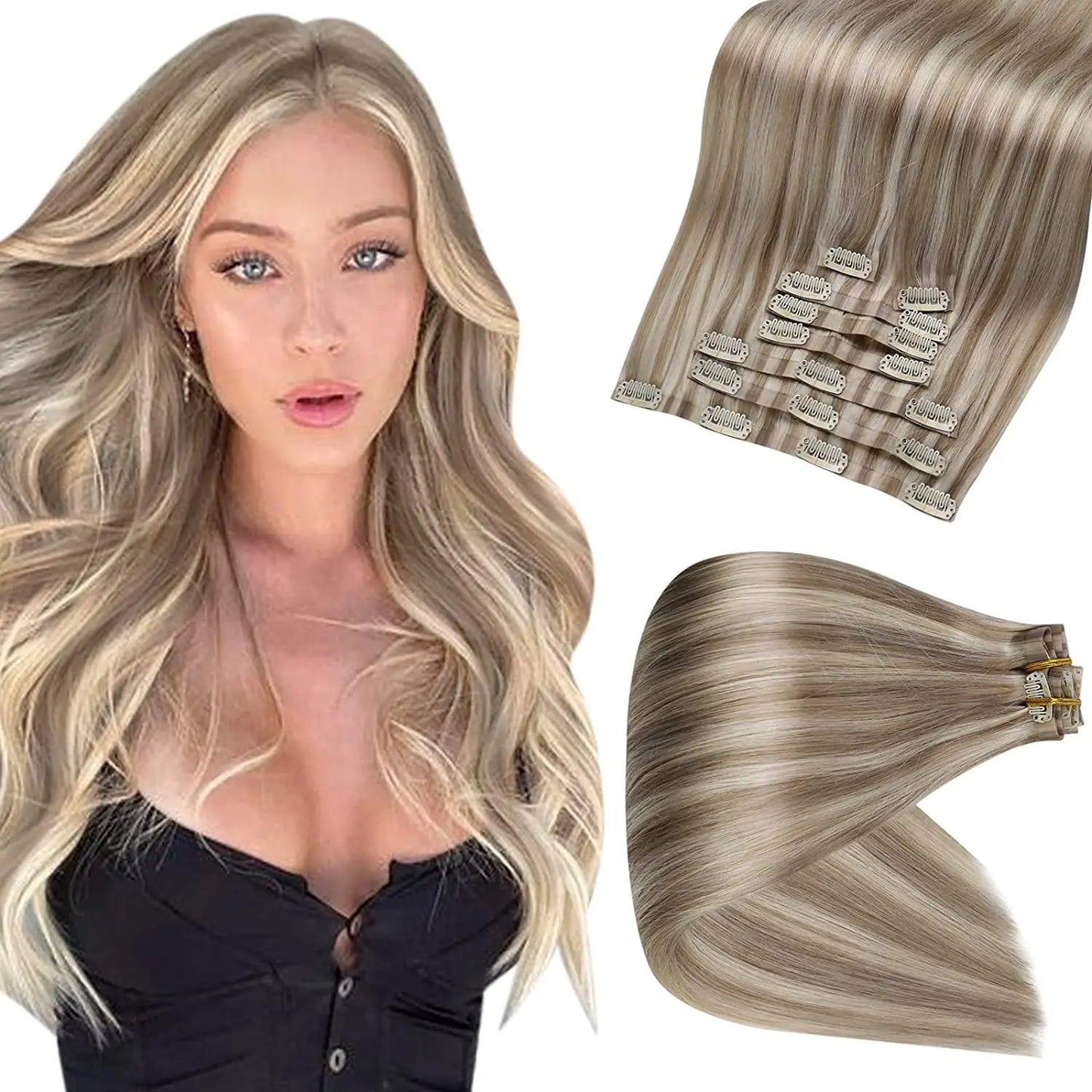 Full Shine Seamless Clip in Hair Extensions Remy Human Hair 8Pcs 120g & 80g Clip In Hair Extensions Human Hair Blonde Skin Weft