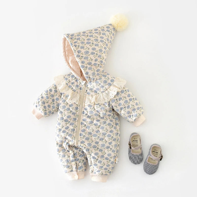 Baby Floral Hooded Winter Jumpsuit - Thick Warm Romper, 0-2 Years - photo 3