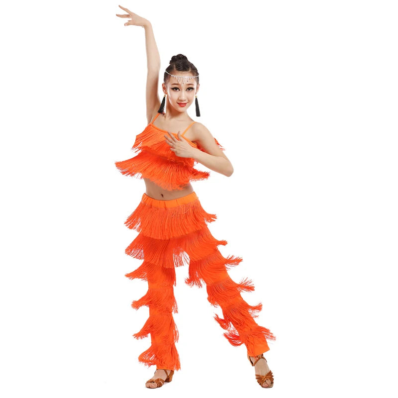 Fringe top and pants Latin dance set for kids and adults