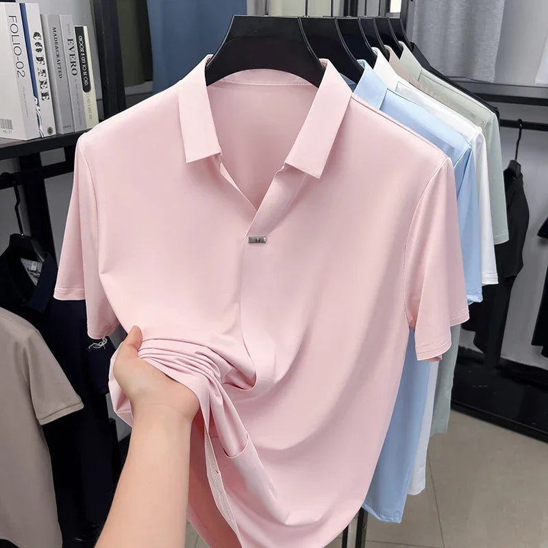 Men's Slim-Fit Lapel Polo - Metal-Bar Placket, Seamless Smooth Knit