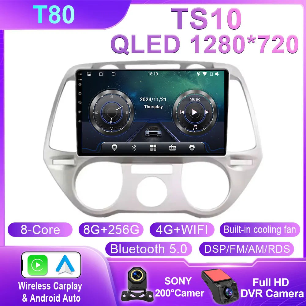Android 16 Carplay For Hyundai i20 2008 2009 2010 2011 2012 Car Radio Stereo Multimedia Video Player DSP GPS 4G WIFI QLED Screen