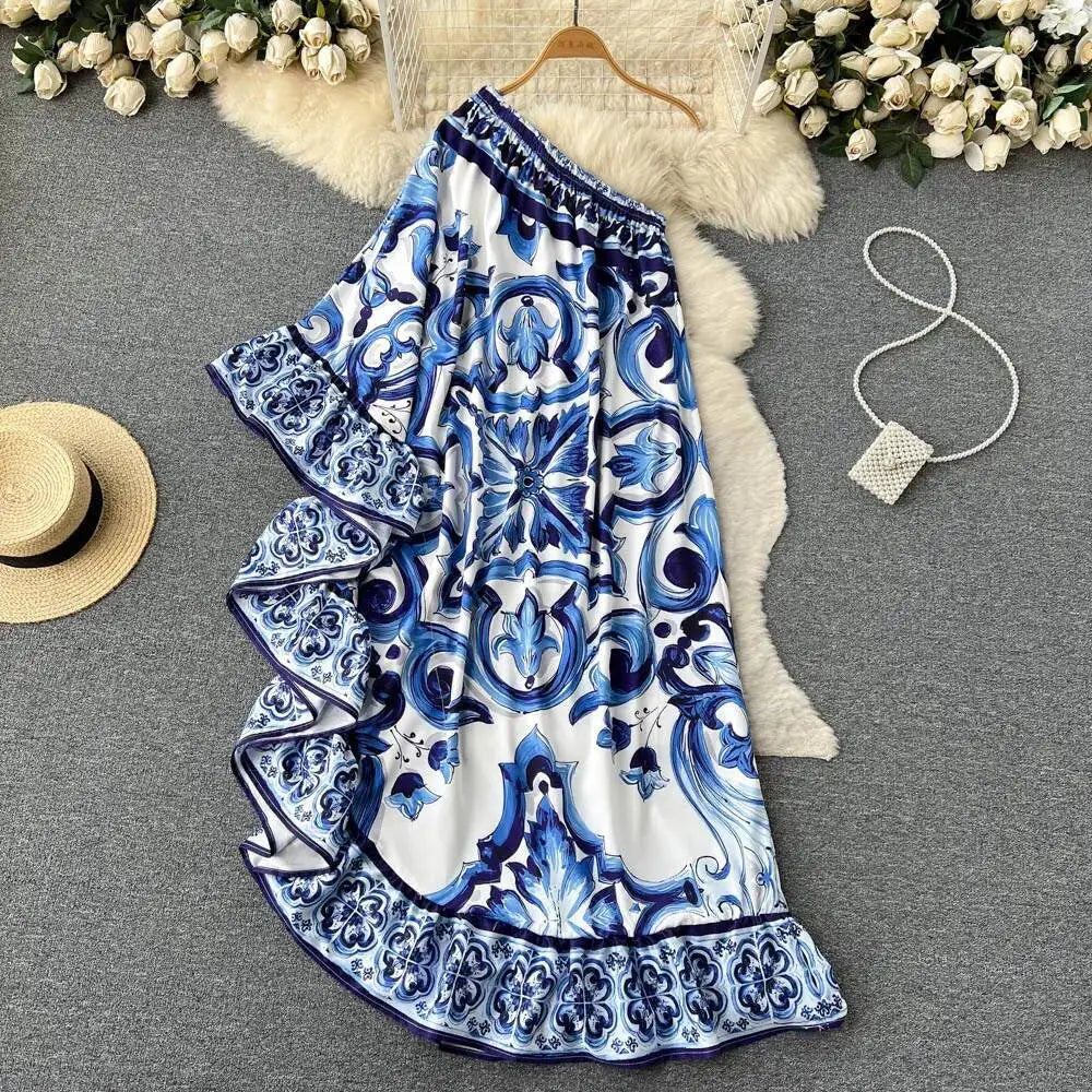 Summer Long Dress Women Runway Blue And White Porcelain Asymmetry Sexy Off The Shoulder Ruffles Hem Loose Robe Maxi Vestidos