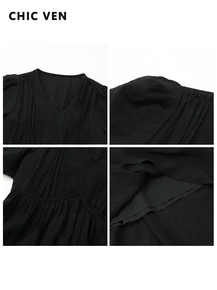 CHIC VEN Women's French V-Neck Puff-Sleeve Maxi Dress — Black