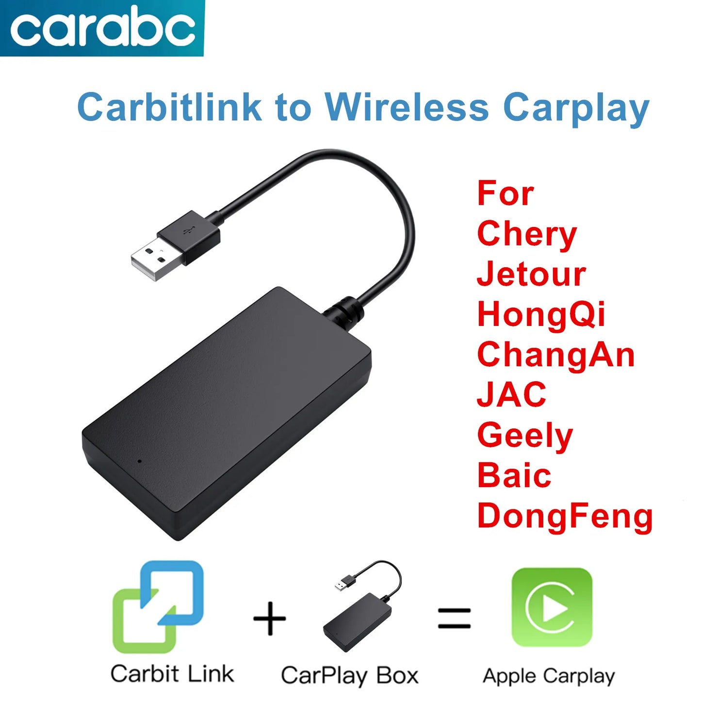 CARABC Carbit Link to Wireless CarPlay & Android Auto Adapter — for Chinese-Market Cars (BAIC, Geely, Jetour, Changan, Chery, DongFeng)