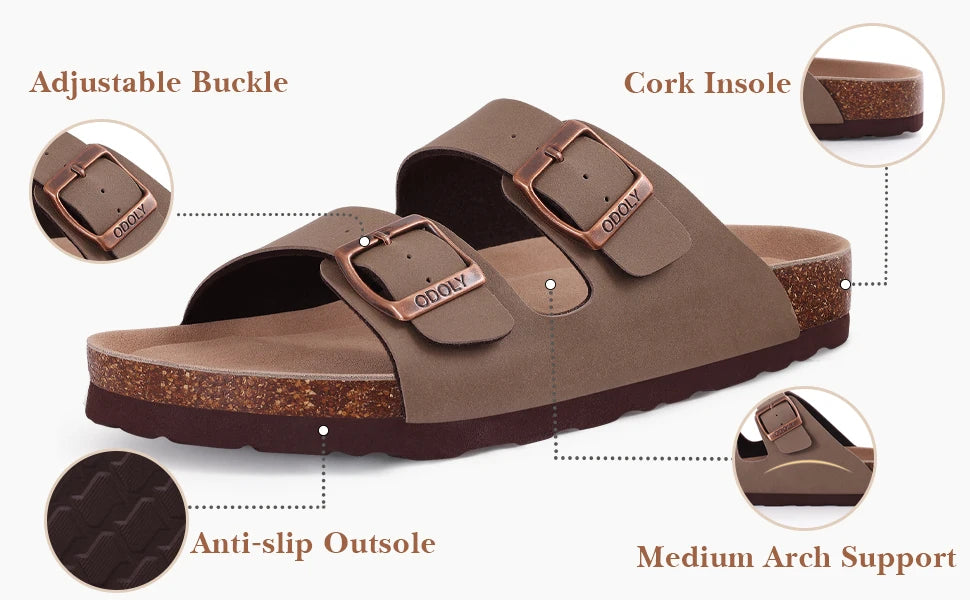 Crestar Women Cork Footbed Slippers Summer Couple Adjustable Double Buckles Flat Sandals Outdoor Cork Beach Slides With Open Toe