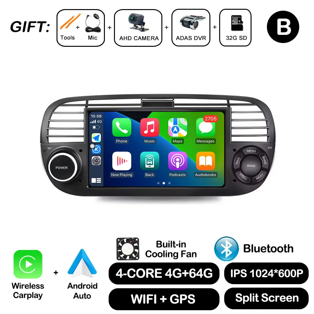7" Car Stereo with Apple CarPlay & Android Auto, Compatible with Fiat 500 (2007-2015)