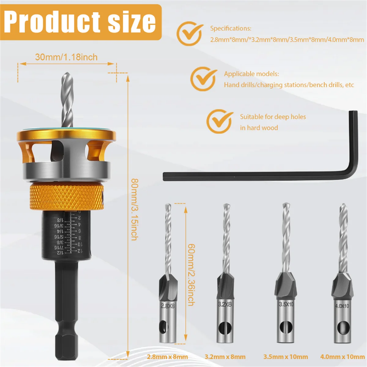 Countersink Drill Bit Set, Adjustable Depth HSS Wood Counterbore