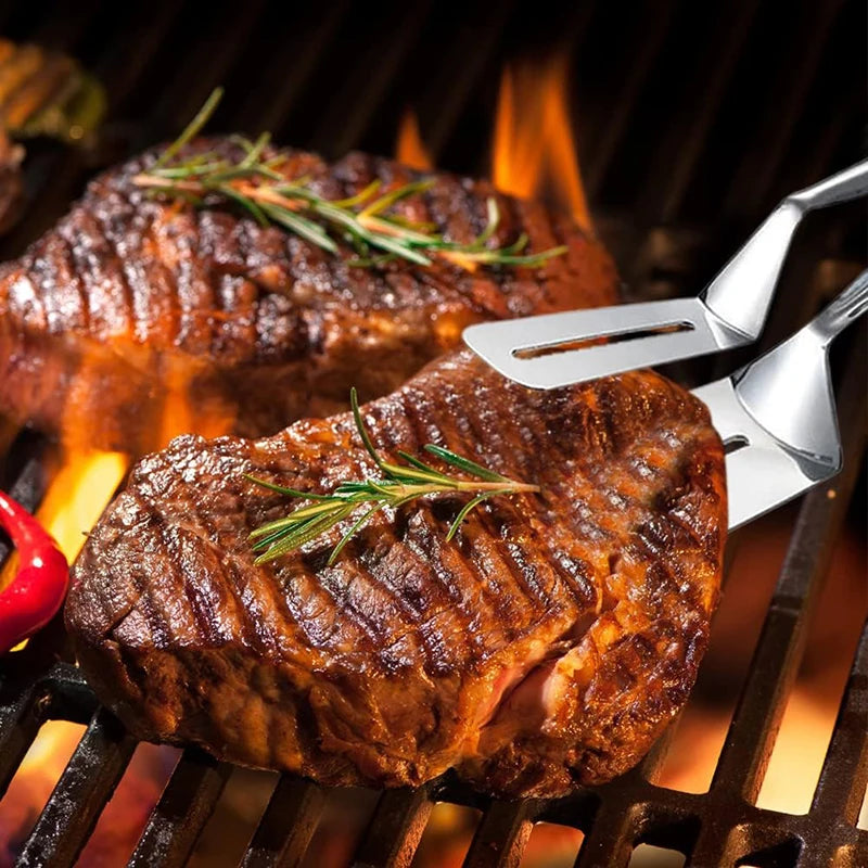 10-Inch Stainless Steel Steak Tongs: Multi-Purpose Food Clip for Grilling, Serving & Cooking