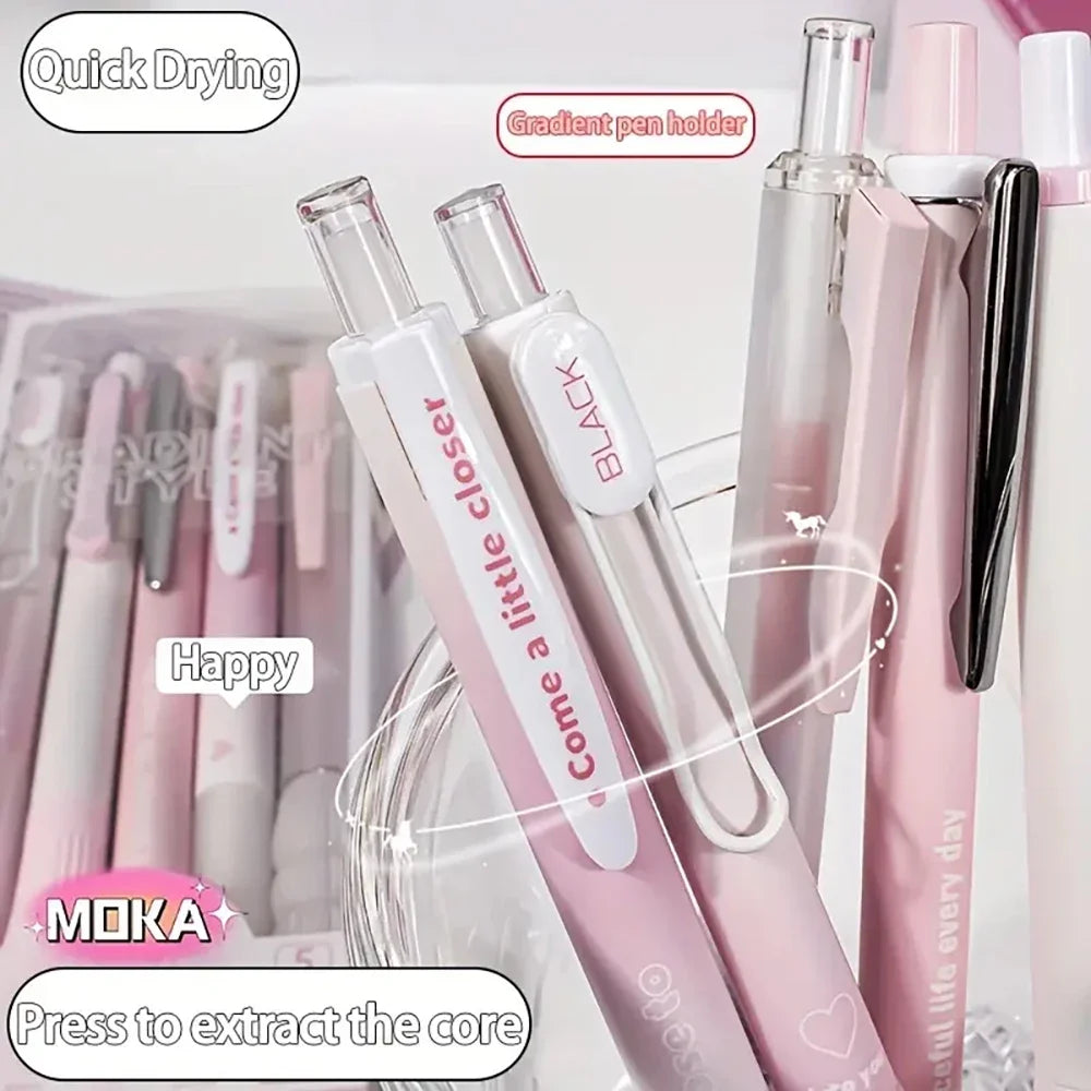 5PCS Chic Pink Blush Retractable Gel Pens, 0.5mm Fine Point Black Ink, Smooth Writing for Daily Office & School Supplies
