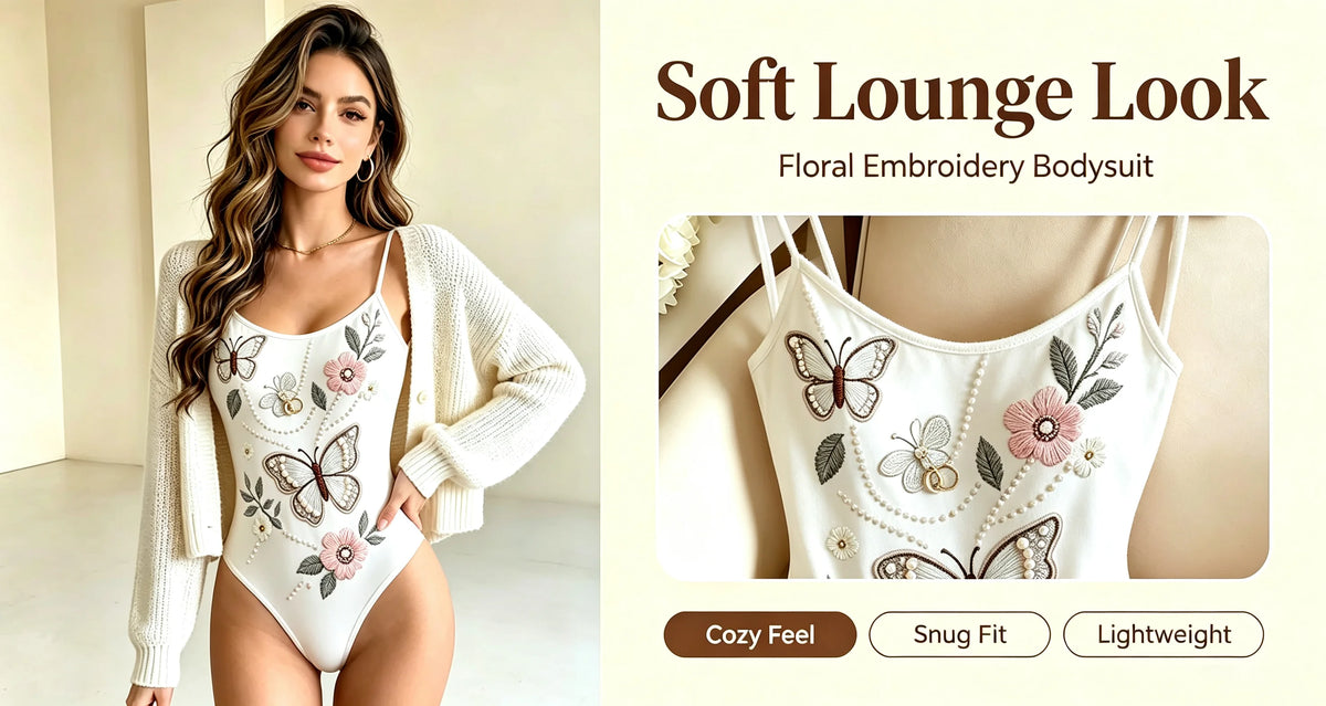 White Butterfly Floral Embroidery Bodysuit Women Spaghetti Strap Ballet Dancewear