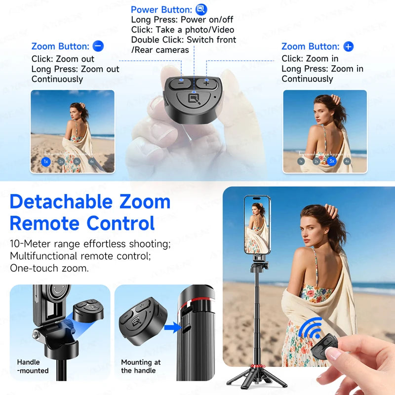 Mini Magnetic Selfie Stick Tripod Removable Remote Control Quadrapod Holder 360° Rotation for iPhone 16 15 14 13 12 Vlog Live
