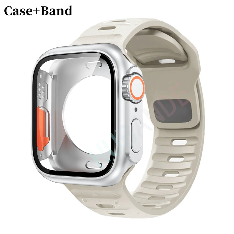 Silicone strap For Apple Watch 44mm 45mm 41mm 40mm Bracelet+Screen protectores Change to Ultra For iWatch Series 9 8 7 SE 6 5 3