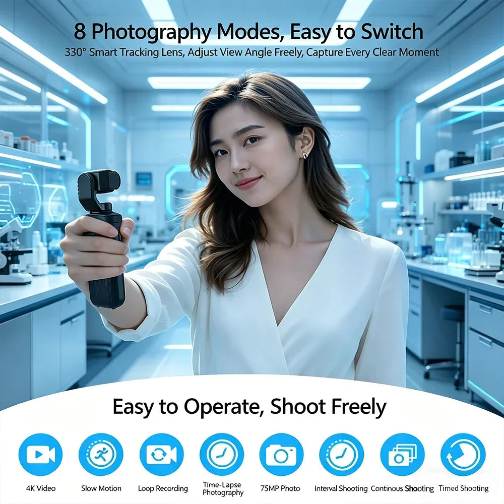 4K Pocket Gimbal Camera — 330° Face-Tracking Stabiliser, 75MP