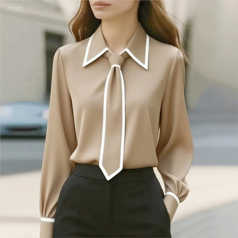 Women's Bow Tie Office Blouse - Long Sleeve Contrast Trim Shirt - photo 2