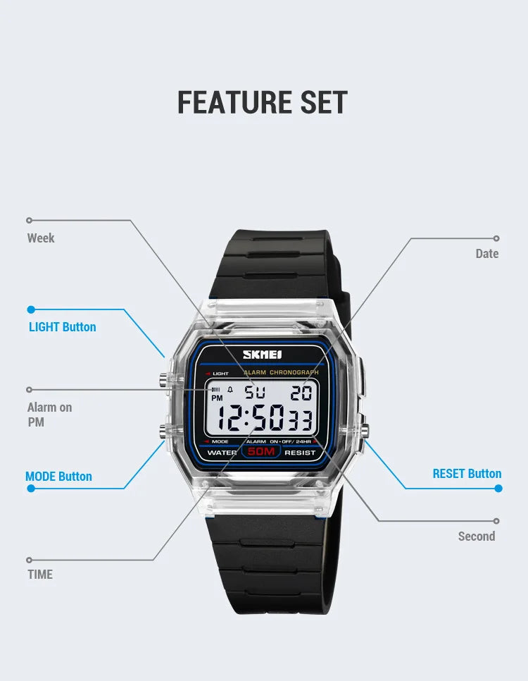Skmei Women Digital Watches Fashion Transparent Case TPU Strap Led Waterproof Swimming Sports Wristwatch Female Alarm Clock