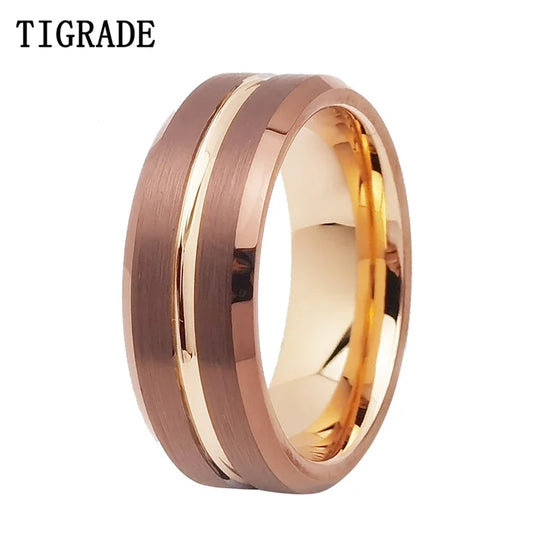 Tungsten Wedding Band — 6mm/8mm Rose Gold Tone Grooved Ring