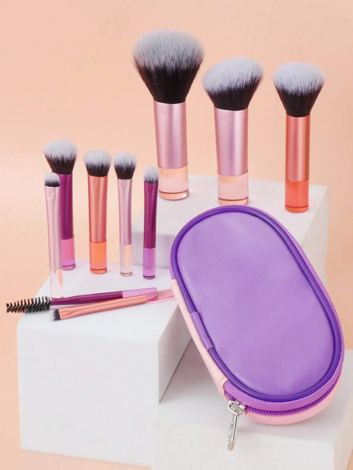 10pcs Pink Makeup Brush Set for Beginners Mini Portable Foundation Eyeshadow Brushes with Crystal Handle Includes Brush Pouch