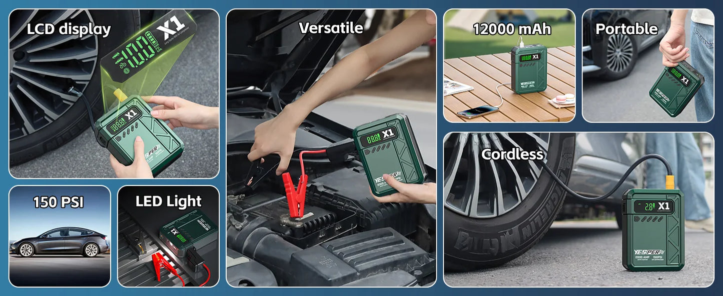 YESPER 2000A Jump Starter with 150PSI Air Compressor, Portable Car Battery Booster & Tire Inflator, Emergency LED Screen