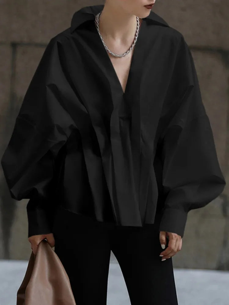 Missuoo Women's Solid Black Oversized V Neck Cotton Blouse 2026 Casual Batwing Sleeve Gathered Waist Buttonless Shirt Top