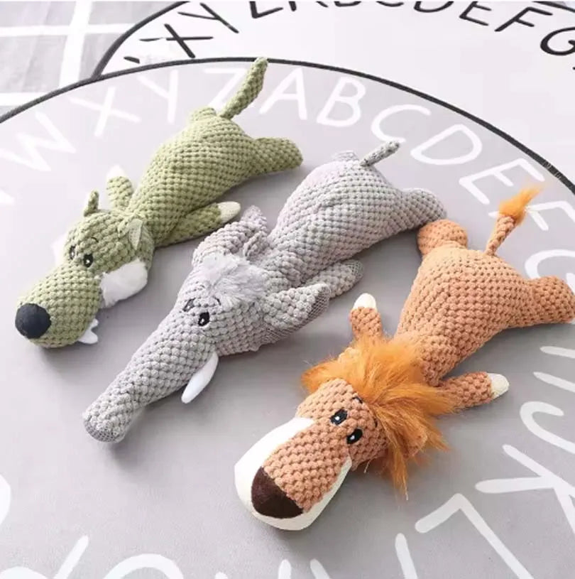 Plush Squeaky Animal Dog Toys - Wolf, Lion & Elephant
