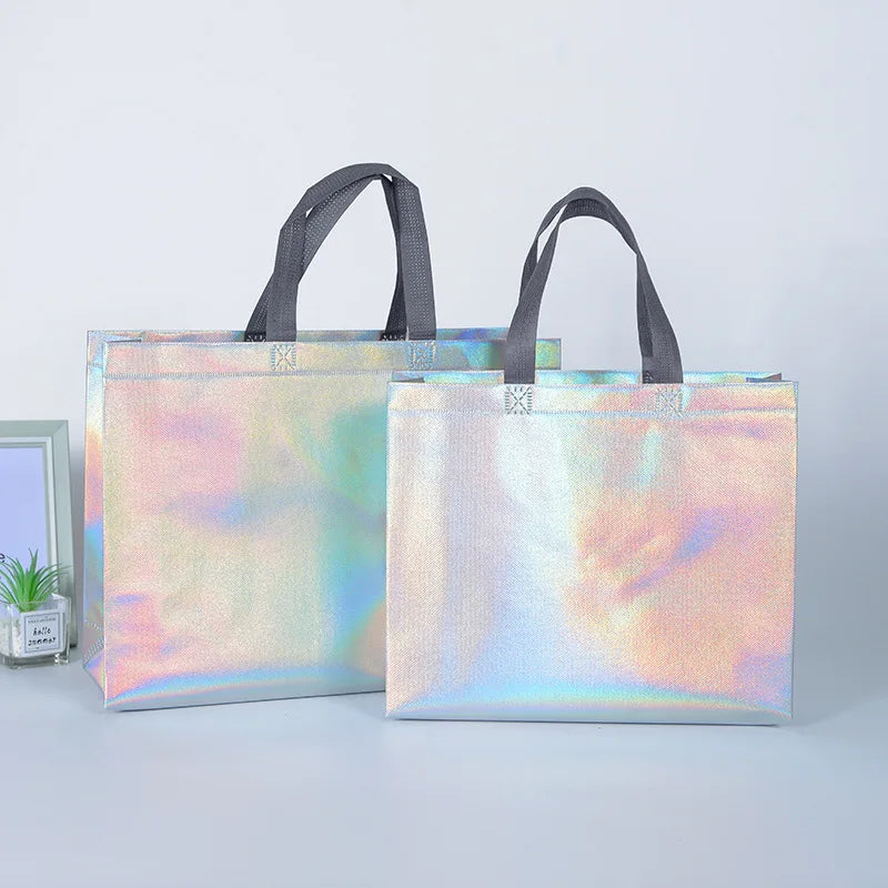 10Pcs Reusable Silver Laser Tote Bag Durable Non Woven Gift Shopping Bag for Wedding Bridesmaid Party Birthday Eco Friendly