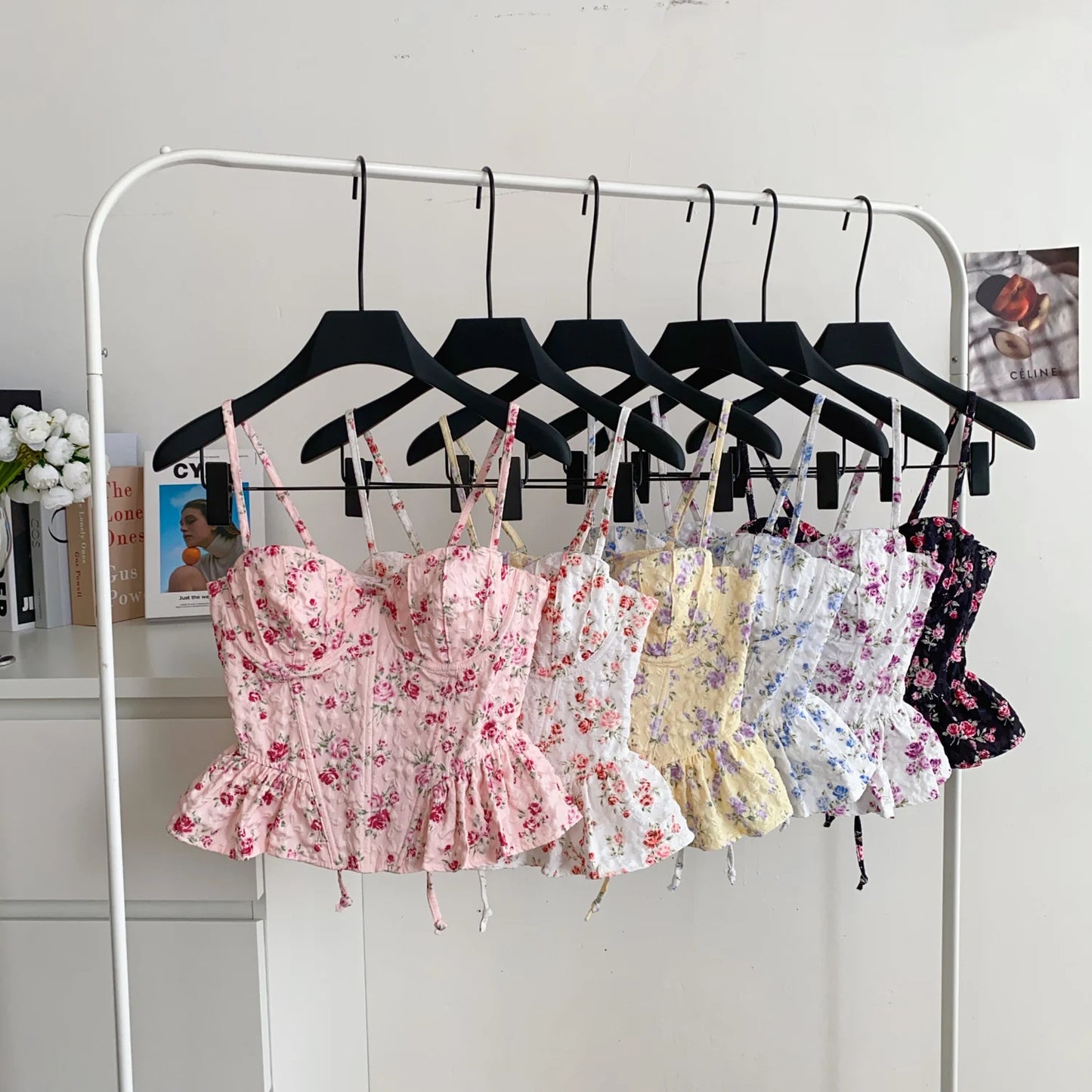Sexy Slim  Corset ruffle print Chic Korean Camis Tank Top Basic Fashion Off Shoulder Summer Women Clothing