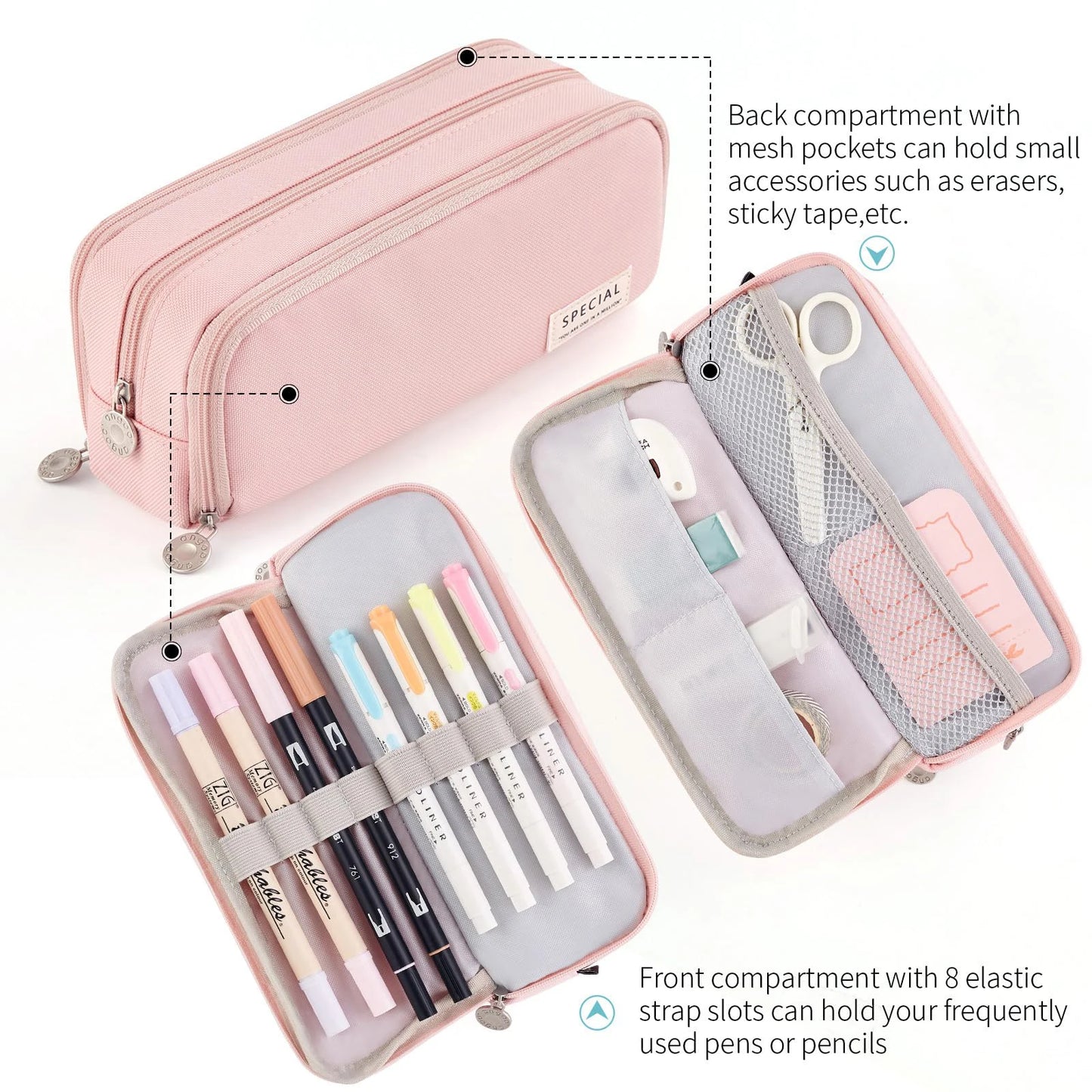 Large Capacity Pencil Case 3 Compartment Multifunctional Pen Bag for Girls Boy School Student Office Stationery Organizer