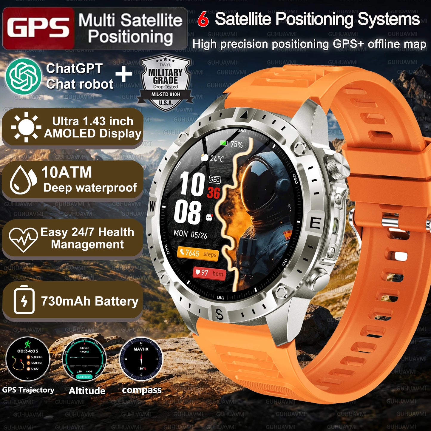 Military-Style GPS Smart Watch — Offline Maps, 10ATM, 2GB RAM