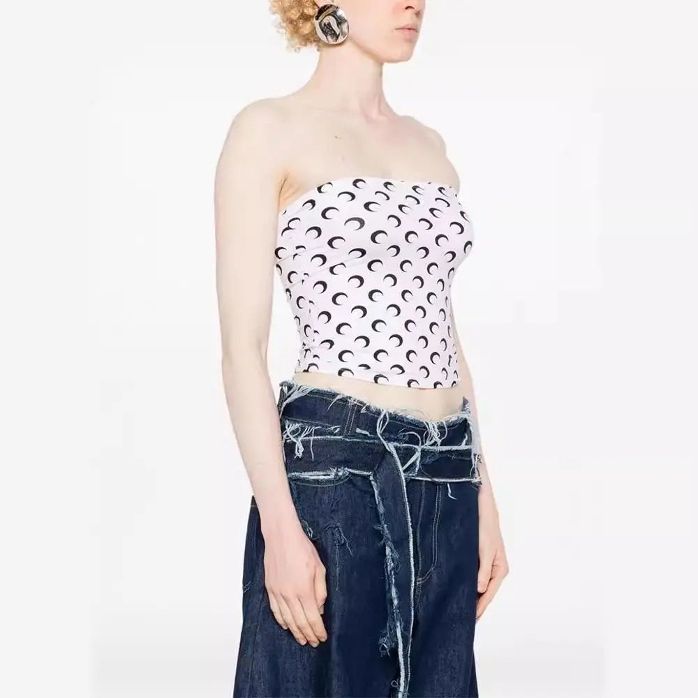 New Fashion Moon Print Sexy Short Crop Top Women's Summer Korean Style Leisure Streetwear Sweet Strapless Slim Fit Blouse
