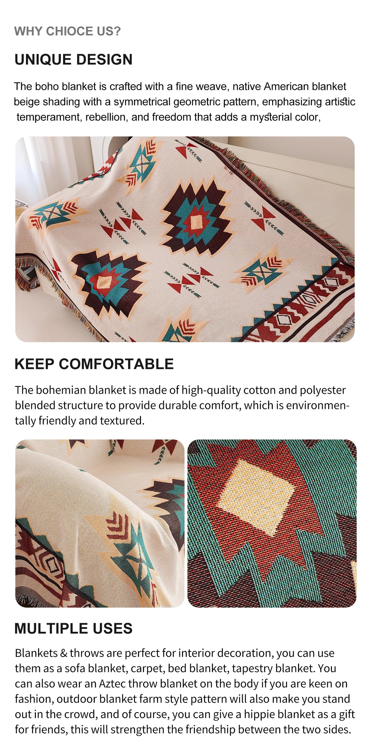 Aztec Boho Throw Blanket with Fringe
