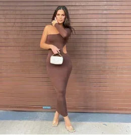 Sexy Lady Fashion Elegant Dress Luxury Women Hot Off-The-Shoulder Solid Color Diagonal Collar Elegant Sleeveless Formal Gown Tee