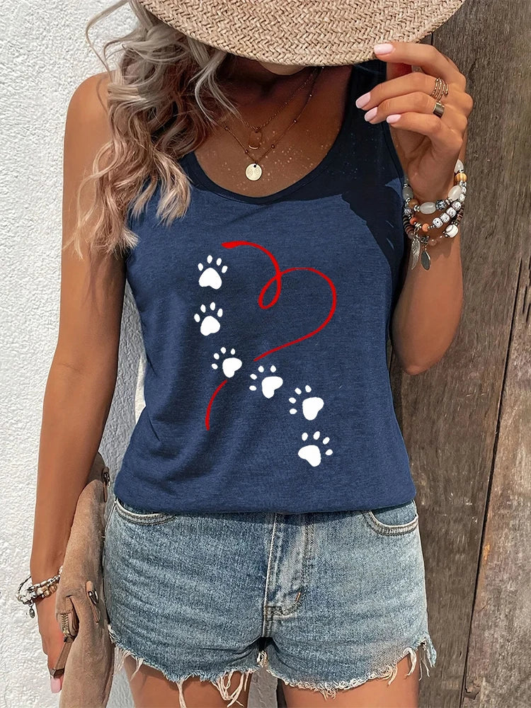 Heart Dog Paw Prints Fashion Casual Tank Top Women Dog Lover Sexy Tops Animal Essential Racerback Tanks Heart Graphic Casual Top