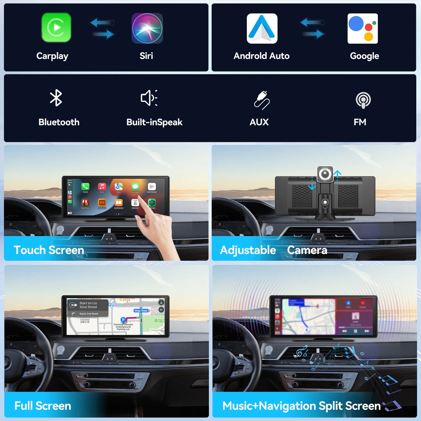 Portable Wireless CarPlay & Android Auto Touchscreen — Dash-Mount Car Stereo Display, Universal Fit